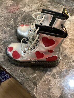 Dr. Martens Silver Kids Boots with Red Heart Accents